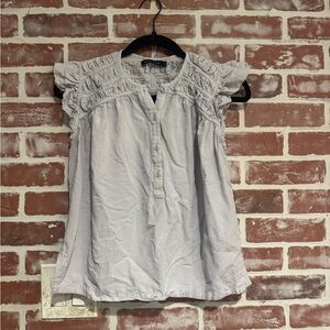 Magali Pascal Cotton Blouse Ruffle Smocked Swiss Dot Top Small Blue Gray